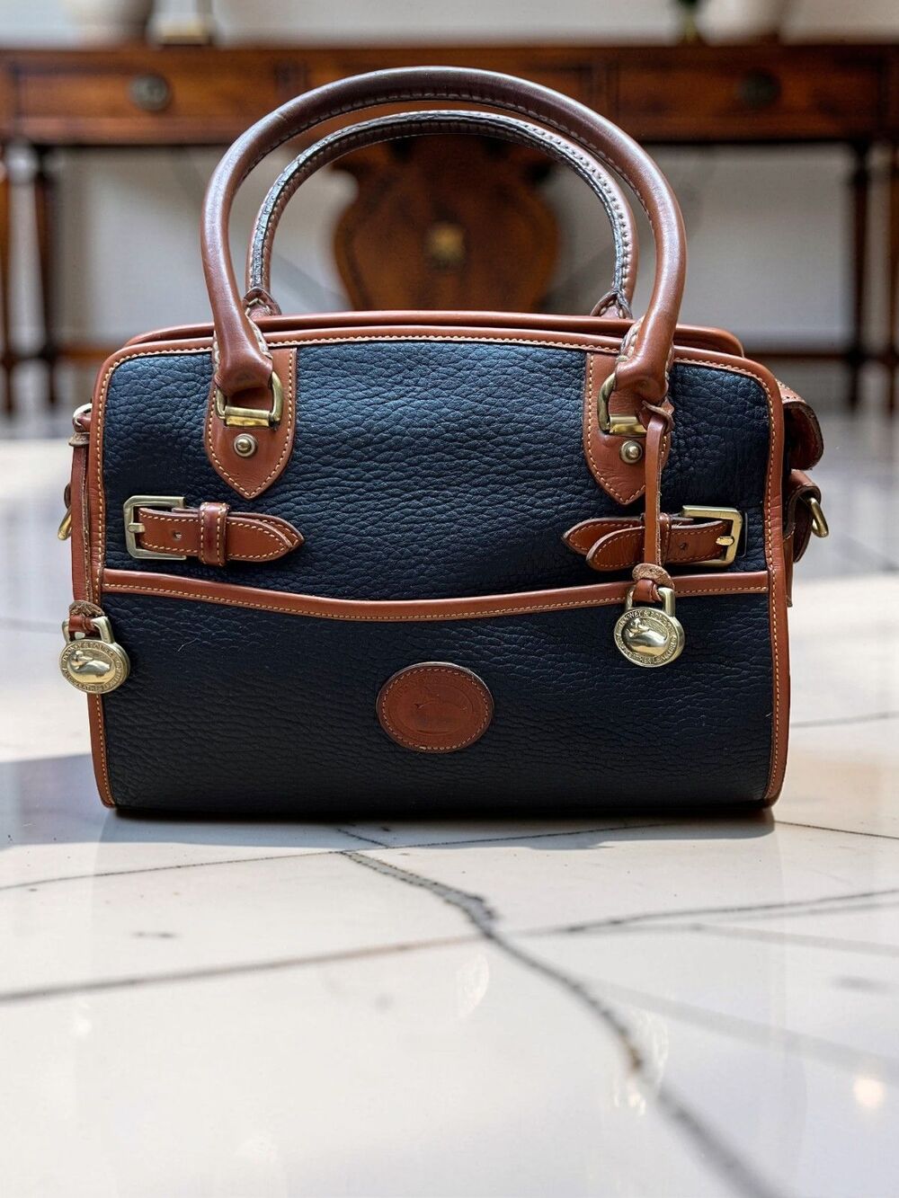 Dooney & Bourke Vintage Black Pebbled and British Tan Leather Satchel AWL EUC